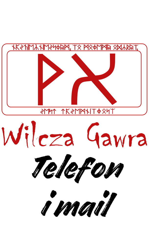 logo wilcza gawra czerwone, i napis telefon mail
